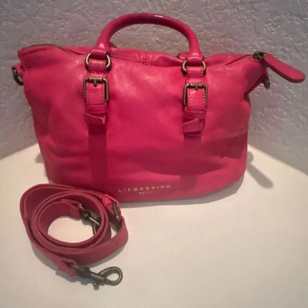 Liebeskind Berlin Satchel Handbag Raspberry Red Leather Top Handle Two Way Purse